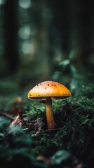 Fototapeta premium An orange mushroom stands out on a mossy forest floor, illuminated by soft morning light