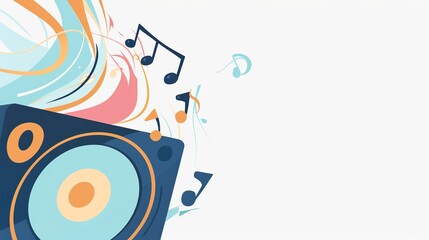 Obraz premium a minimalist flat 2D vector style speaker on the left side of a widescreen canvas, with a few simple geometric music notes emerging from it and floating across to the right, generative ai
