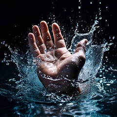 Fototapeta premium The hand emerged from the water and splashed due to the speed of the hand. People's hands are sinking and asking for help. Generative AI.
