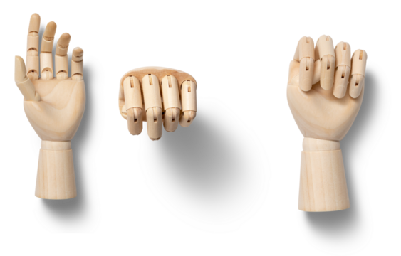 Three wooden mannequin hands display different positions, showcasing artistic gestures and potential poses on a plain background for drawing and design purposes