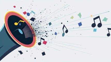 Obraz premium a minimalist flat 2D vector style speaker on the left side of a widescreen canvas, with a few simple geometric music notes emerging from it and floating across to the right, generative ai