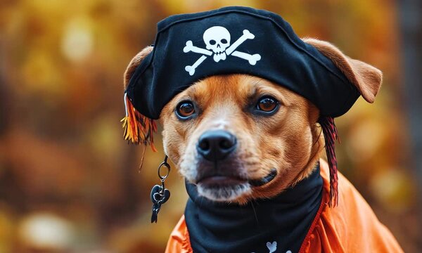 Dog in pirate costume with orange cape against autumn background