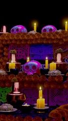 Altar in a A 3D rendered image depicting a traditional Dia de los Muertos altar. The centerpiece of the scene is a pink sugar skull with decorative patterns, sitting among several lit candles.
