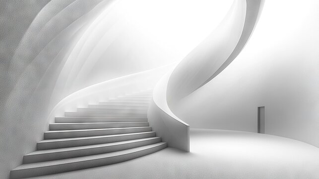  A white-room with a spiral-staircase leading-up;-a-set-of-stairs-leading-up-to-it