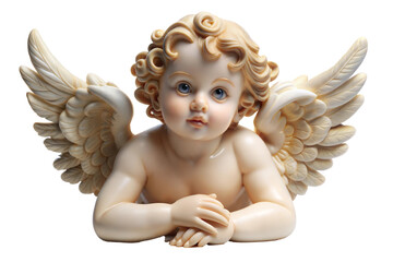 Cherubic angel sculpture with delicate wings isolated on transparent background