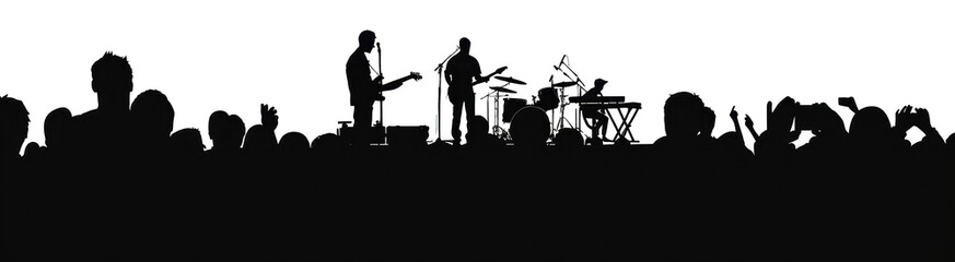 Excited crowd with raised hands at concert isolated on transparent background