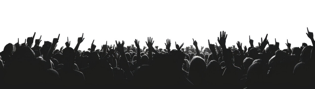 Excited crowd with raised hands at concert isolated on transparent background