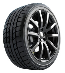 Fototapeta premium Shiny black car tire with detailed tread isolated on transparent background