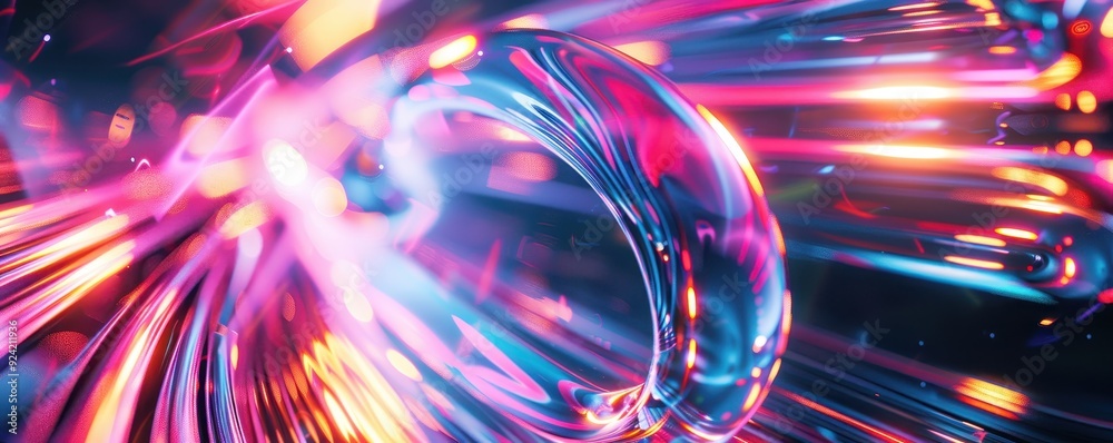 Aufkleber Abstract Neon Lights Reflecting On Shiny Curved Surfaces