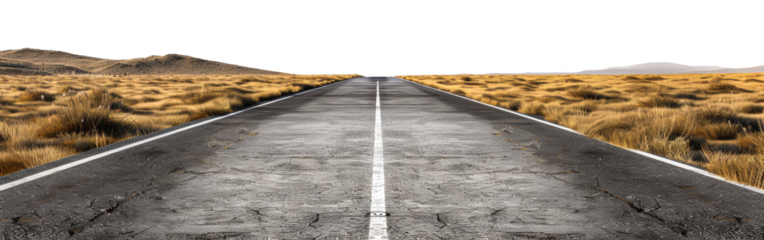 Straight road through desert landscape with dunes isolated on transparent background