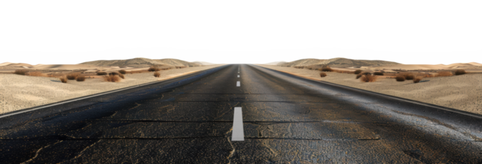 Straight road through desert landscape with dunes isolated on transparent background