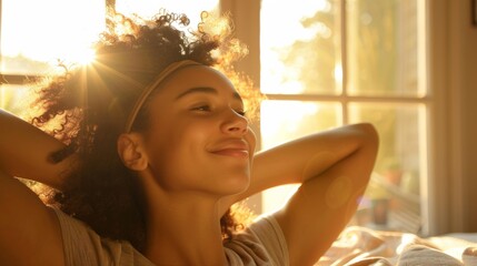 Smiling young biracial woman relaxing at home, eyes closed, enjoying warm sunlight streaming through window, experiencing peaceful moment of joy and serenity.