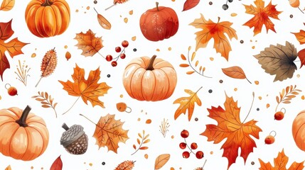 Watercolor Autumn Pattern with Pumpkins, Leaves, and Berries