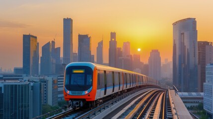 Modern City Skyline with Elevated Train at Sunset
