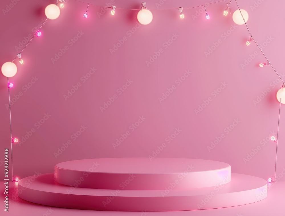 Poster pink podium with string lights and a pink background