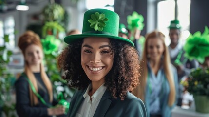 Smiling young biracial woman in green hat with shamrock, celebrating St. Patrick's Day, surrounded by happy diverse friends in festive attire, plants and decorations in bright office.