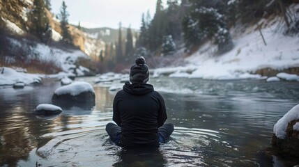 Obraz premium A person sits in a cold river using deep breathing techniques to endure the discomfort as they partake in their daily cold water meditation.