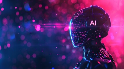 Fototapeta premium Futuristic robotic head design with glowing elements, showcasing advanced AI technology, illuminated against vibrant purple and pink background, symbolizing innovation and digital progress.