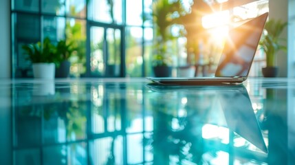Laptop sits on glass surface, reflecting sunlight and greenery from surrounding plants, creating serene workspace ambiance, ideal for remote work or relaxation. Copy space.