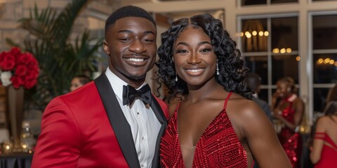 Elegant young black couple smiling together at formal event, dressed in stylish evening attire, surrounded by festive decorations and guests, enjoying celebration, capturing memorable moments.