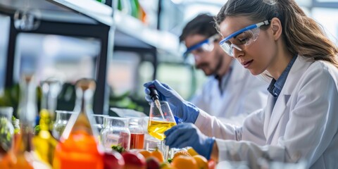 Female scientist wearing goggles and gloves performs experiment with colorful liquids in laboratory, focused on precision and analysis, male colleague observes background.