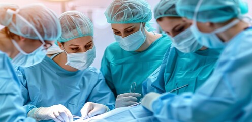 Five medical professionals in scrubs and masks collaborate during complex surgical procedure, focused on patient care and teamwork, ensuring safety and precision in operating room.