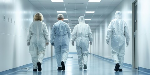 Group of four medical professionals in protective suits walking down sterile hallway, focused on research, collaboration, and safety in healthcare environment. Copy space.