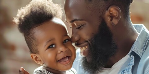 Smiling black father holding adorable baby son close, sharing joyful moment, both displaying happiness and affection, warm family bond in cozy indoor setting.