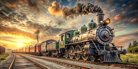 Obraz premium Vintage railroad with old steam locomotive and antique train cars , vintage, railroad, steam locomotive, antique
