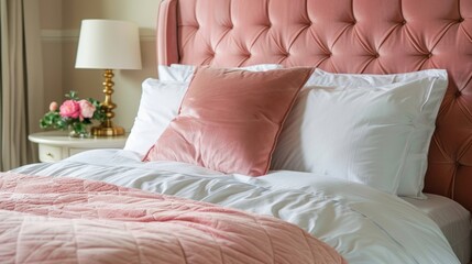 A regal blush pink velvet bedspread graces the bed making it the focal point of the room.