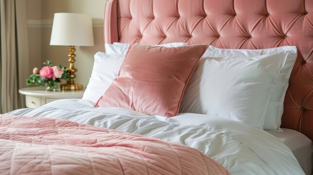 A regal blush pink velvet bedspread graces the bed making it the focal point of the room.