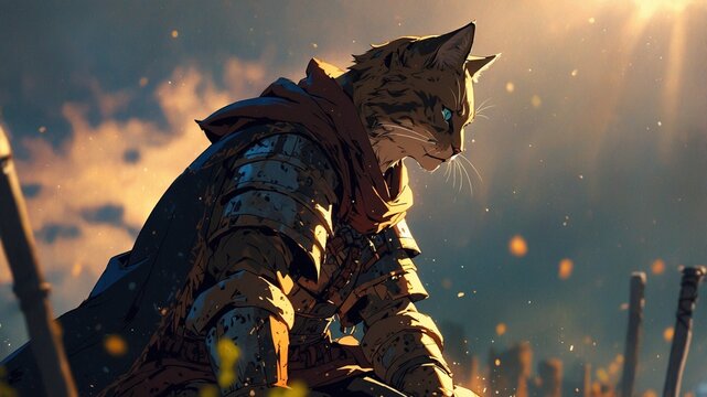 Warrior cat, fantastic figure of a half-cat, half-human being observing the city from above