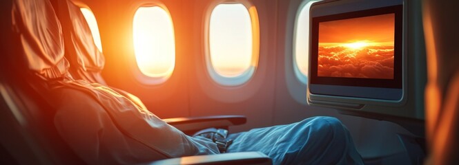 First-Class In-Flight Experience: Modern Airplane Passenger Seat with High-Tech Display Screen for an Enhanced Travel Journey