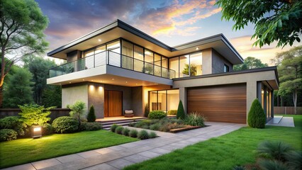 Naklejka premium Contemporary home with lush green surroundings and serene atmosphere, Tranquil, Paradise, Modern, Home, House