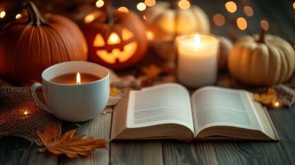 A table with a candle, cup of coffee and an open book, AI