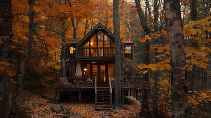 Fototapeta premium Tranquil autumn retreat find serenity in charming cabins amidst nature s beauty