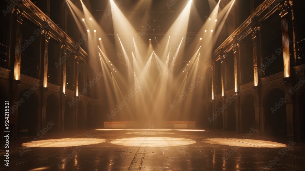 Poster Illuminated Stage in a Large Hall with Columns
