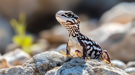 A small lizard with black and white spots sits on a rock, looking up.