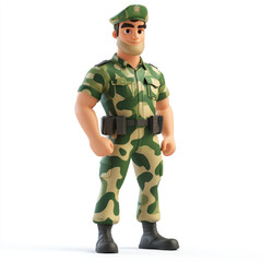 3D cartoon, a male soldier in camouflage uniform profession. on a solid white background