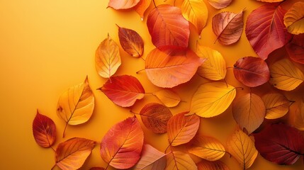 Fototapeta premium Autumn Leaves Scattered on a Yellow Background