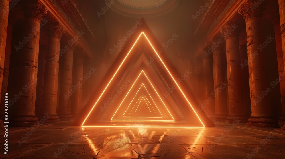 Poster glowing triangle portal in ancient hallway