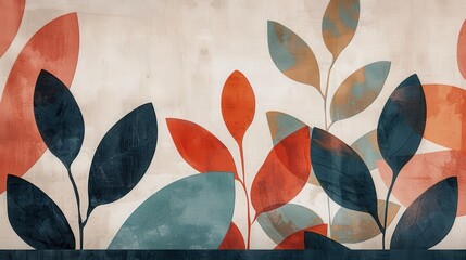 Abstract Floral Design with Overlapping Leaves in Red, Blue, and Green Hues