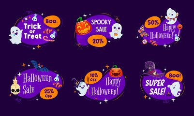 Fototapeta premium Halloween frames with kawaii ghost characters. Isolated cartoon vector promo sale badges, tags or greeting banners set for seasonal discount, festive clearance and trick or trick party celebration