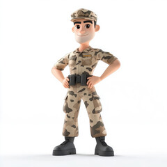 3D cartoon, a male soldier in camouflage uniform profession. on a solid white background