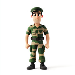 3D cartoon, a male soldier in camouflage uniform profession. on a solid white background