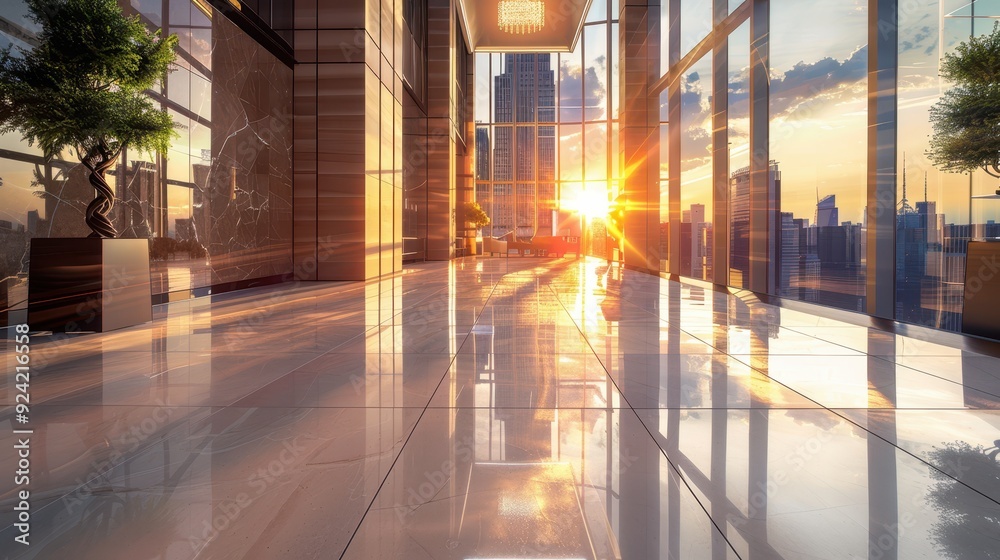 Poster sunlit lobby with cityscape view through windows