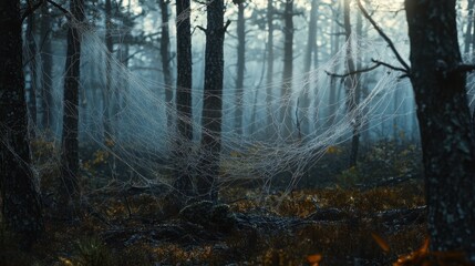 Fototapeta premium Large spider webs capture morning dew in a misty forest atmosphere filled with dense trees