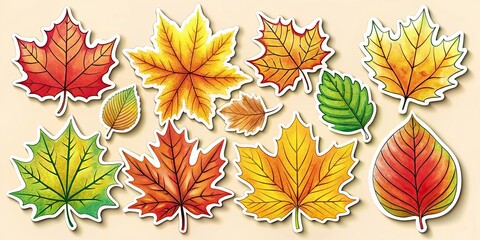 Cute autumn leaves sticker pack , fall foliage, colorful, fun, seasonal, decorative, whimsical, collection, adhesive,happy, design