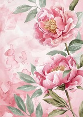 Wedding invitation featuring pink watercolor background, elegant peonies and green leaves, sophisticated and fresh spring design