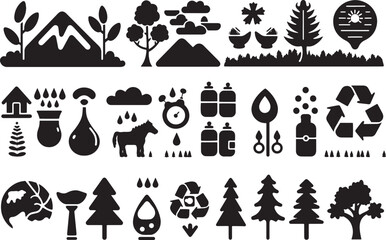 A simple vector icon set featuring a water conservation, eco-friendly practices, forest preservation, and environmental care .icons in black and white style with isolated on white